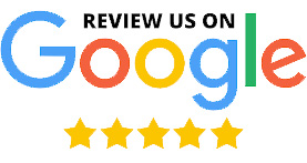 Review us on Google text above the Google logo, with five yellow stars below, indicating a five-star review request.