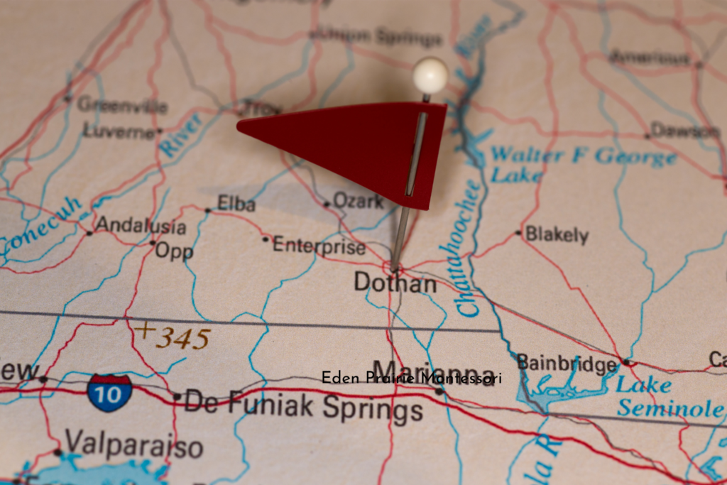 A close-up of a map of southeastern Alabama shows a red triangular pin marking the city of Dothan. Nearby cities include Ozark, Enterprise, and De Funiak Springs; several rivers and highways are also visible.